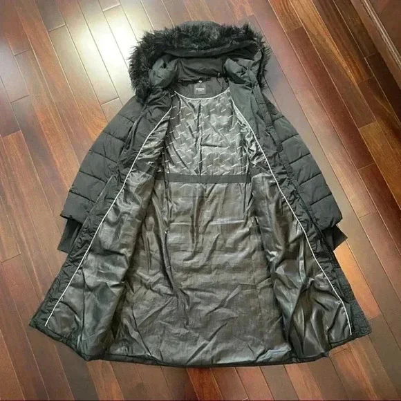 Bebe Long Quilted Winter Puffer Coat Faux Fur Trim Hood Black Size Large - Picture 8 of 16